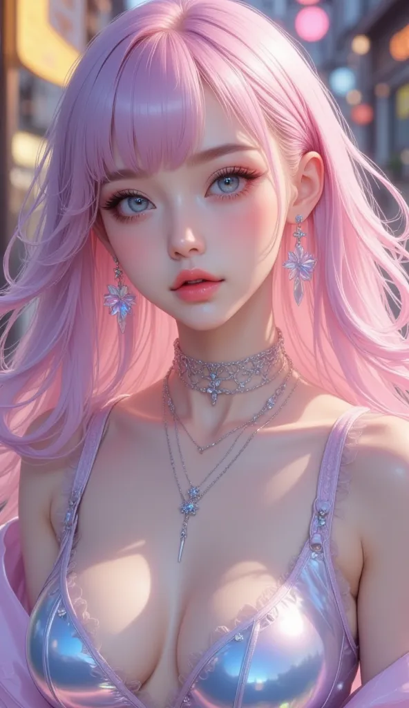 A young women with soft pastel pink hair in loose, full body shot angle, flowing waves that frame her face, styled slightly off-center. Her hair has a dreamy, cotton-candy hue with natural texture and strands gently falling over her forehead. Light, transl...