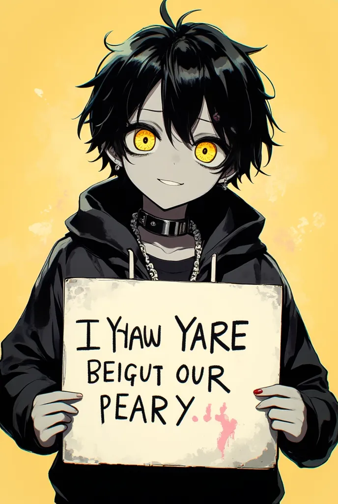 written on it black-haired boy, anime style,  with square lenses , yellow eyes, Don't look too young, black jacket, is smiling without any accessories on his face or neck besides the lenses, That you are smiling happy that you have a big sign in your hands