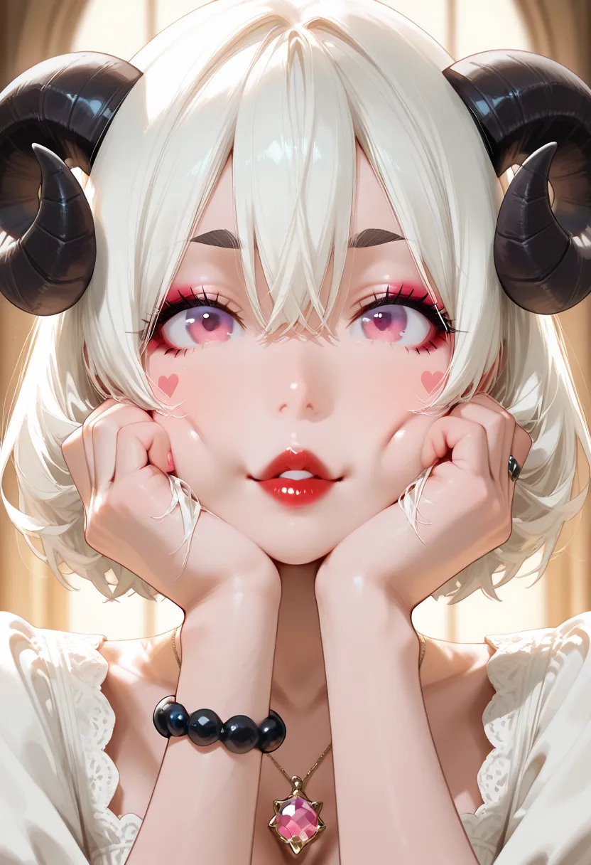 Portrait of a young woman with long, straight, snow-white hair, wearing a white blouse with wide, puffy sleeves, giving her an ethereal and elegant look. She has dark, curved horns on her head, adding a mystical and fantasy-inspired style. Her makeup featu...