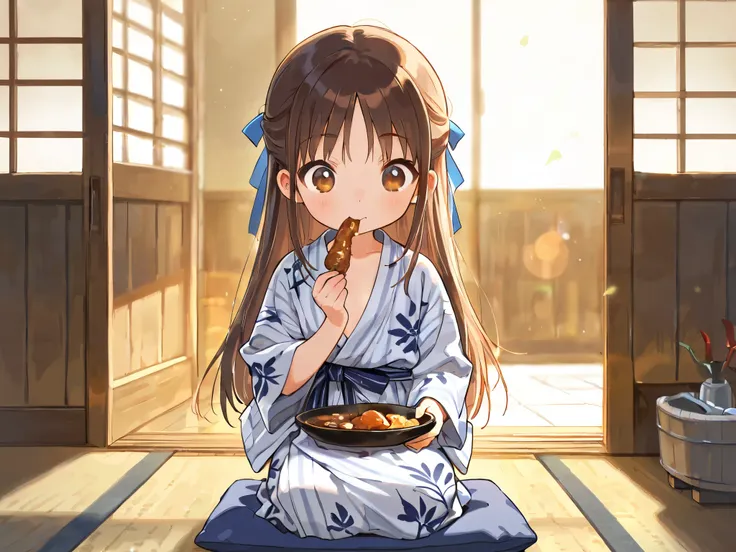 (Top Quality), (Very Aesthetic), (Super Detailed), (Best Illustration), Loli, Solo Female, female , Girl, half updo, Blue Ribbon, Long Hair, Straight Hair, Sideburns, Center Parting, Brown Hair, Brown Eyes, (flat breast), bath yukata, seiza, full body, pre...