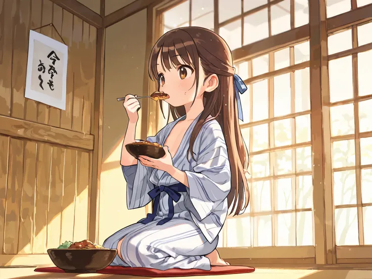 (Top Quality), (Very Aesthetic), (Super Detailed), (Best Illustration), Loli, Solo Female, female , Girl, half updo, Blue Ribbon, Long Hair, Straight Hair, Sideburns, Center Parting, Brown Hair, Brown Eyes, (flat breast), bath yukata, seiza, full body, pre...