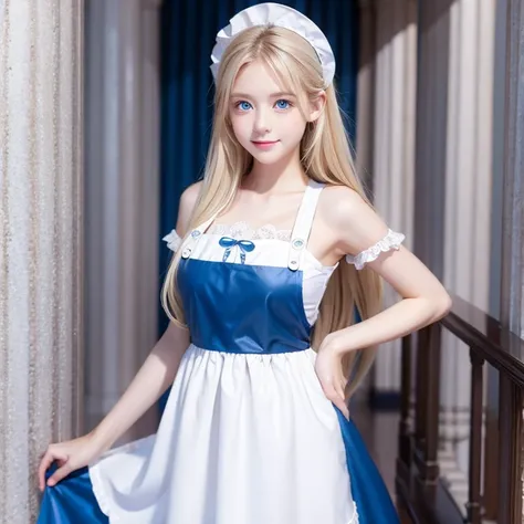 top quality、ultra high definition、pictures、かわいい女の子のpictures、 Detailed Cute and Beautiful Face 、(pure eros face_v1:0.008)、Alice in Wonderland、、White, shiny skin、 platinum blonde super long straight hair、Beautiful big blue eyes、bungs、 white apron、blue dress、...