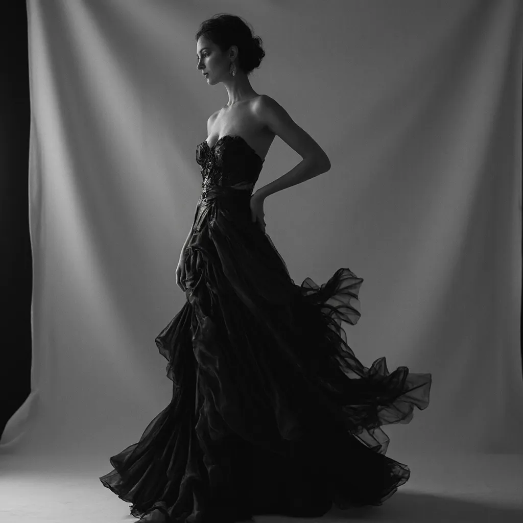 A high-fashion editorial photoshoot for Vogue, featuring a stunning model posing with effortless elegance. The model is dressed in a luxurious black haute couture gown, with intricate fabric details and a dramatic silhouette. Her pose is confident and stat...