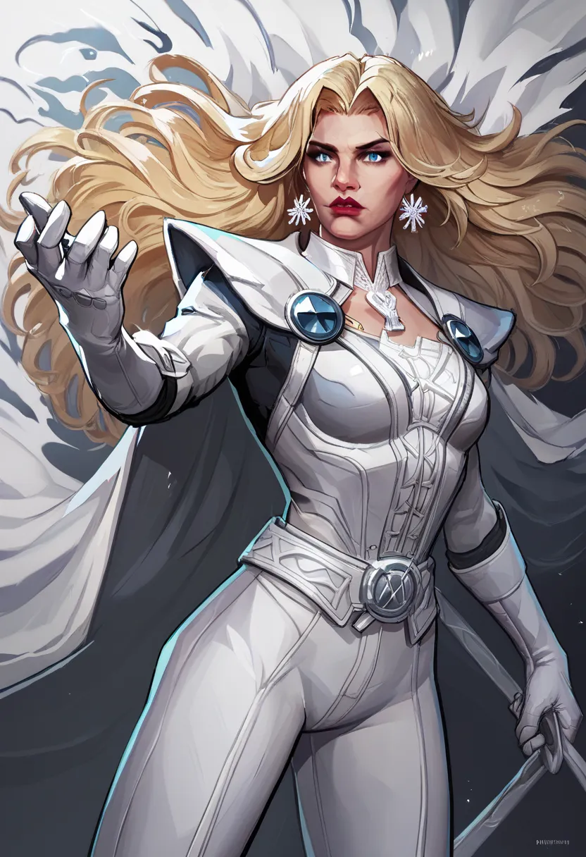 Emma Frost, also known as the White Queen, has a striking and elegant costume that reflects her powerful and sophisticated persona. Here are the key details:

- **Color Scheme:** Predominantly white.
- **Corset:** A white corset-style top with an X-Men log...