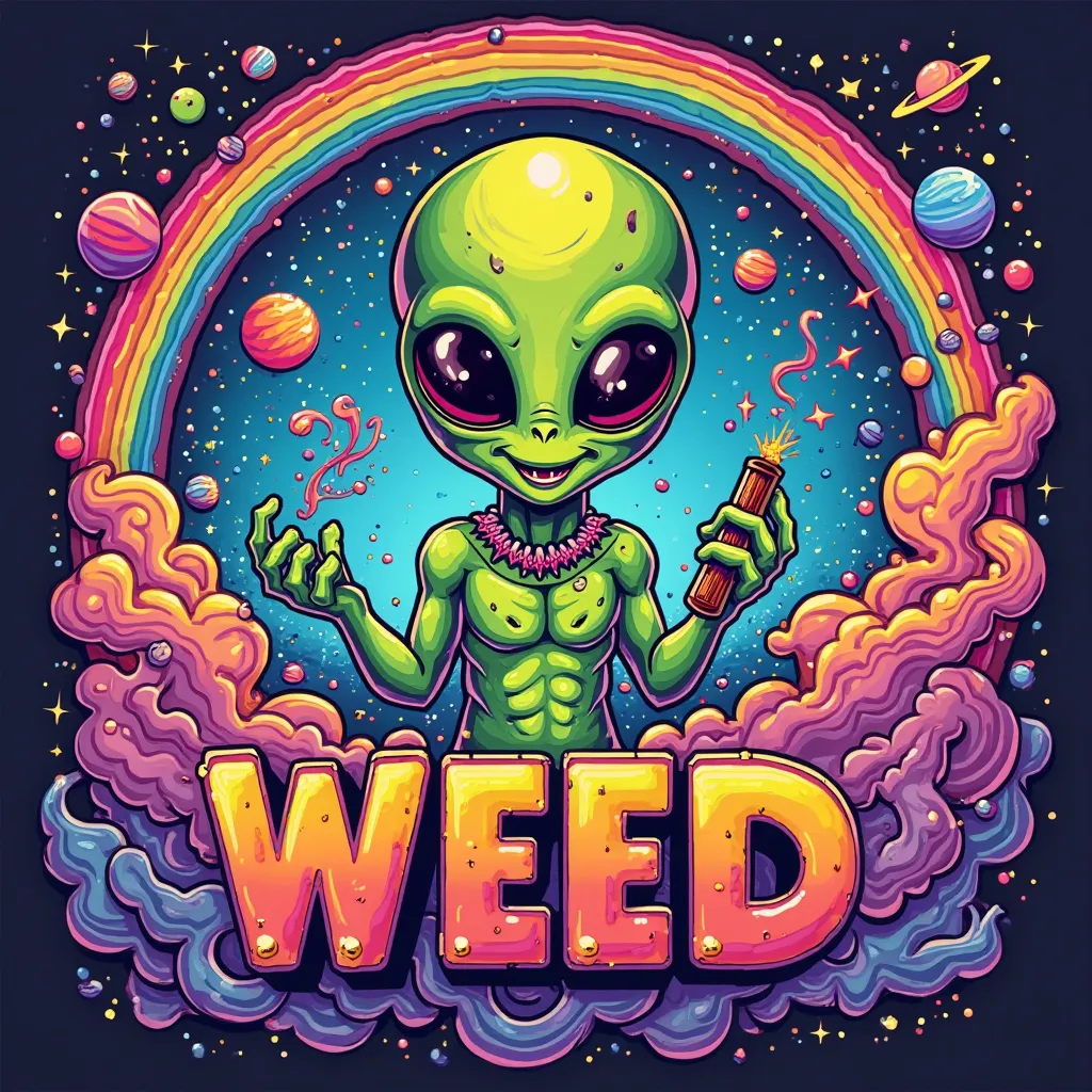 A circular, LSD-inspired design with a smiling alien holding a joint, surrounded by swirling clouds of rainbow smoke. In the background, a psychedelic landscape with floating planets and the word 'WEED' written in groovy, 70s-style font. Vibrant colors and...