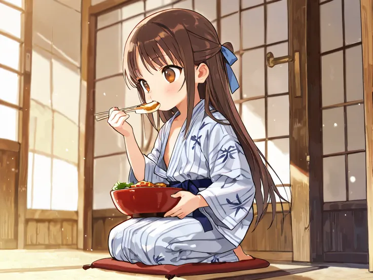 (Top Quality), (Very Aesthetic), (Super Detailed), (Best Illustration), Loli, Solo Female, female , Girl, half updo, Blue Ribbon, Long Hair, Straight Hair, Sideburns, Center Parting, Brown Hair, Brown Eyes, (flat breast), bath yukata, seiza, full body, pre...