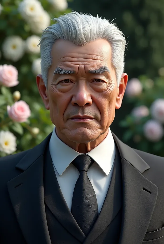  An older man , face with some expression lines, gray-white hair modern cut, thick eyebrows with some white threads also. He wears an elegant luxury suit.  he's tall and strong , mafioso, Do you look dangerous. In the background a garden decorated for a we...