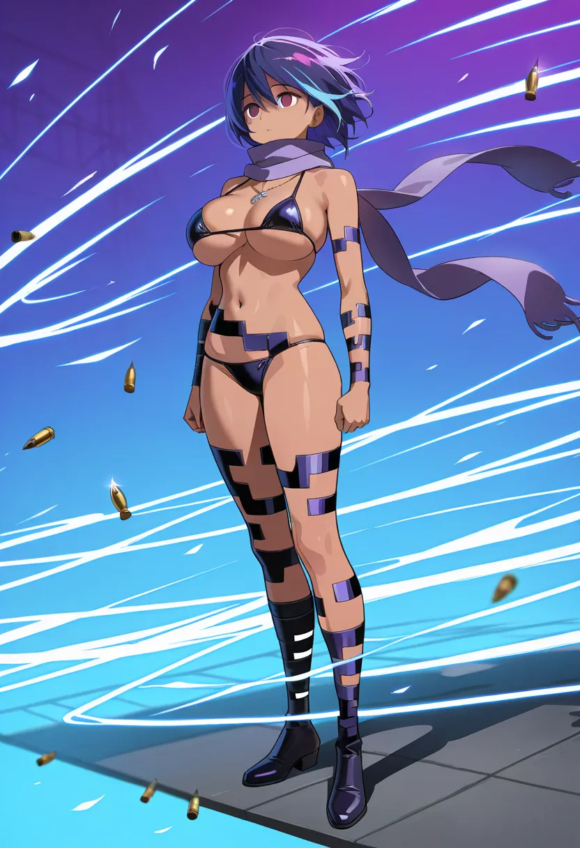 (A girl who avoids bullets in bullet time:1.5)  waiting for someone ,WIND, large breasts, two-toned hair, blue hair, purple hair, purple eyes, scarf, necklace,, short hair., dark skin, micro bikini for puffy, empty eyes. full body