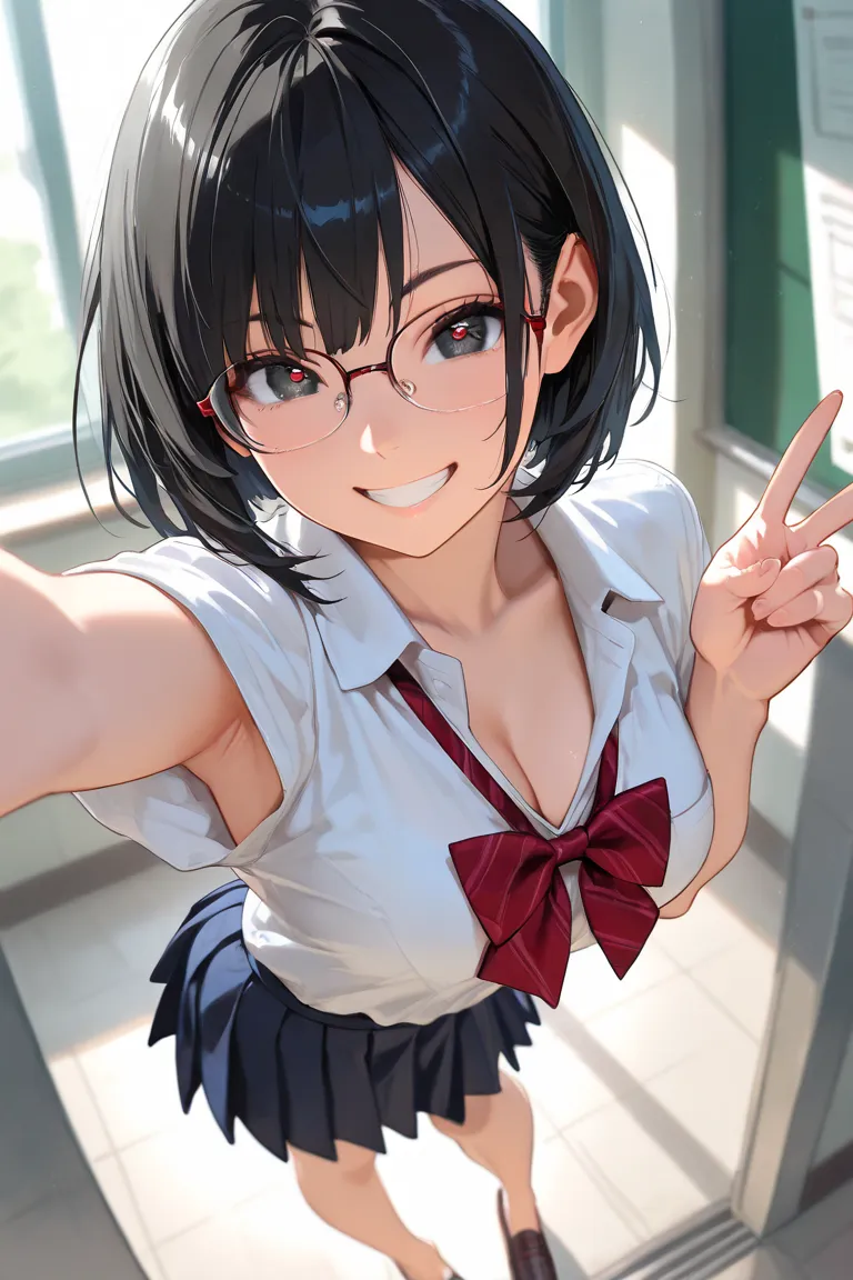 masterpiece, 8k, school, shoes, bare feet, bob hair, black hair, high school uniform, glasses, (standing:1.5), 1girl, armpits, thin chests, medium breasts, cleavage, close-up face, Dynamism, unrealistic beauty, enchanting eyes, perfect face, clear darkened...