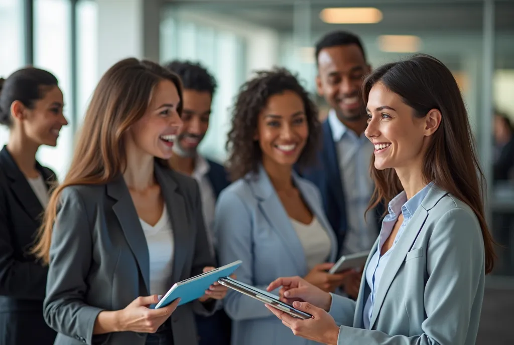 Group of busy happy diverse professional business team people working in office using digital tablet