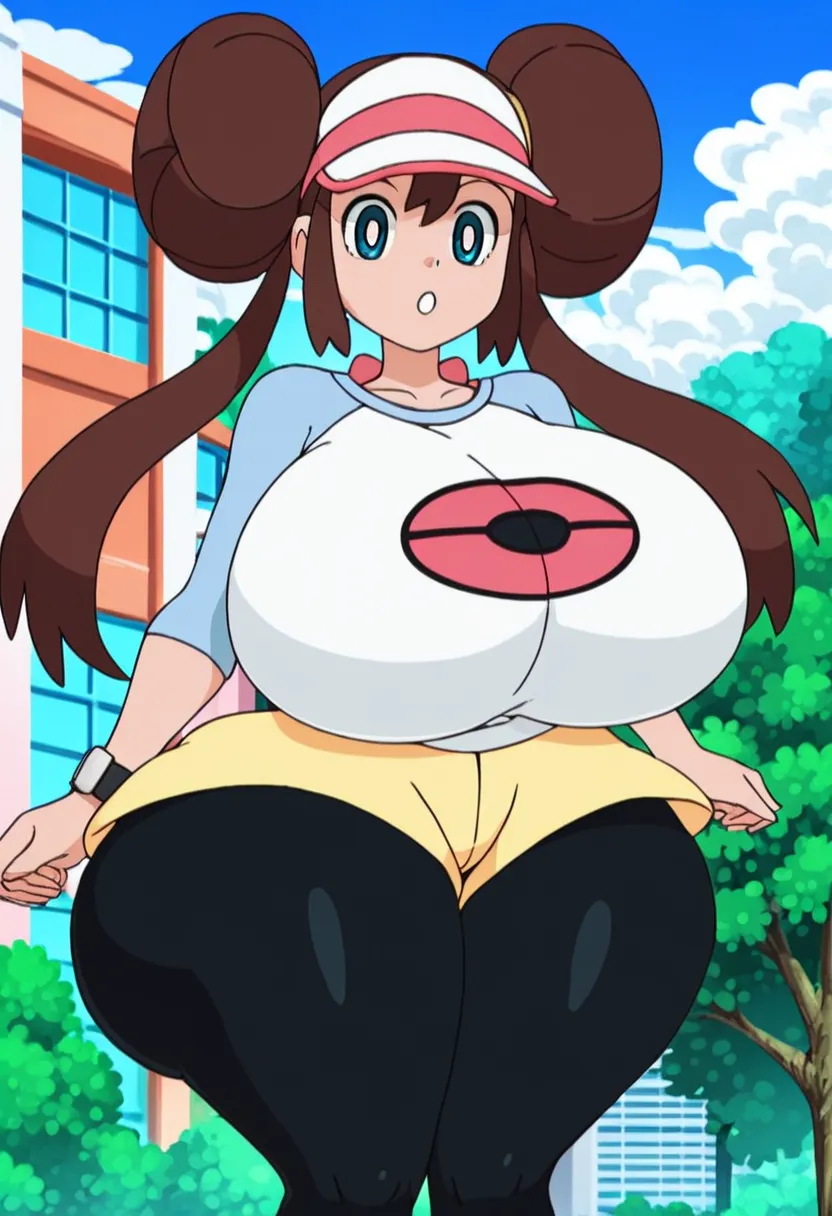 score_9, score_8_up, score_7_up, score_6_up, score_5_up, just describe what you want, tag1, tag2, source_cartoon, rating_suggestive, PokemonStyle, 1girl, solo, omsr0s4, Rosa, long hair, brown hair, double bun, twintails, visor cap, blue eyes, white pupils,...