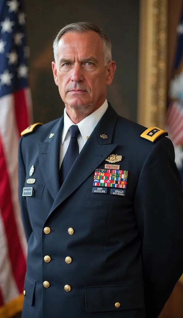  A strong and determined U.S. military leader stands tall, dressed in a formal uniform. The leader’s expression shows confidence and authority, symbolizing leadership and strength. Behind him, there may be a backdrop of an American flag or a military setti...