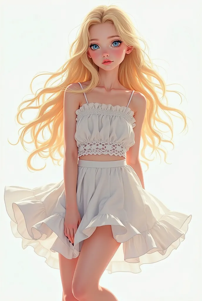  Blue-eyed blond girl ,  Extra long hair, full body posing as a model in modern clothes on a white background. Anime style NANA