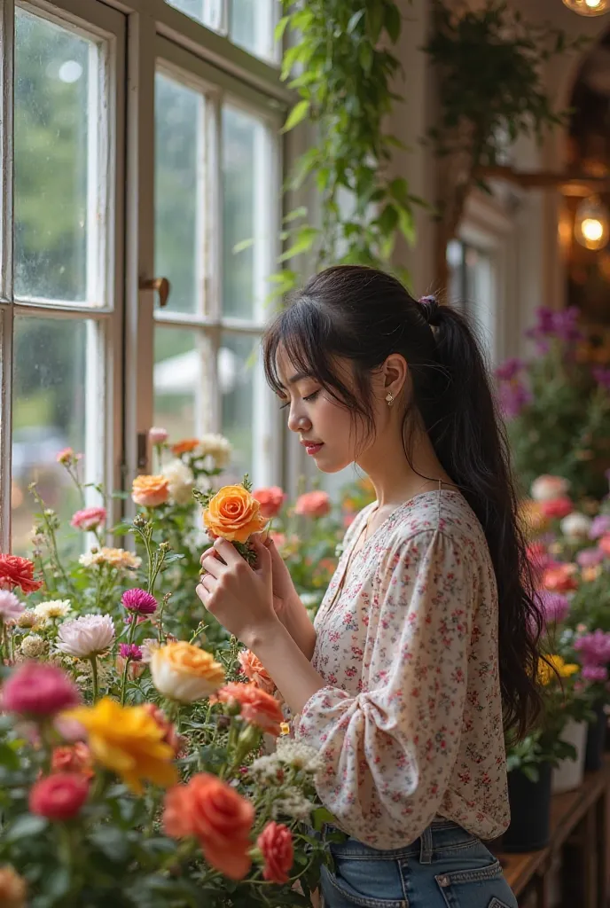 woman looking at flowers in a flower shop window, a picture by Aya Goda, pexels, romanticism, flower shop scene, picking flowers, with flowers, holding flowers, picking up a flower, in bloom greenhouse, flowers and plants, lots of flowers, carrying flowers...