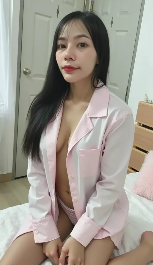 25 year old Korean woman, cinematic quality, deep focus, smooth skin, facial details, sharp focus, the light hitting her skin makes her stand out (natural light, afternoon light), natural breasts (she's wearing a white unbuttoned shirt, bare chest), sexy s...