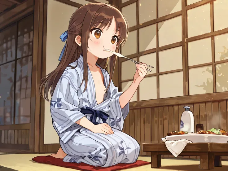 (Top Quality), (Very Aesthetic), (Super Detailed), (Best Illustration), Loli, Solo Female, female , Girl, half updo, Blue Ribbon, Long Hair, Straight Hair, Sideburns, Center Parting, Brown Hair, Brown Eyes, (flat breast), bath yukata, seiza, full body, pre...