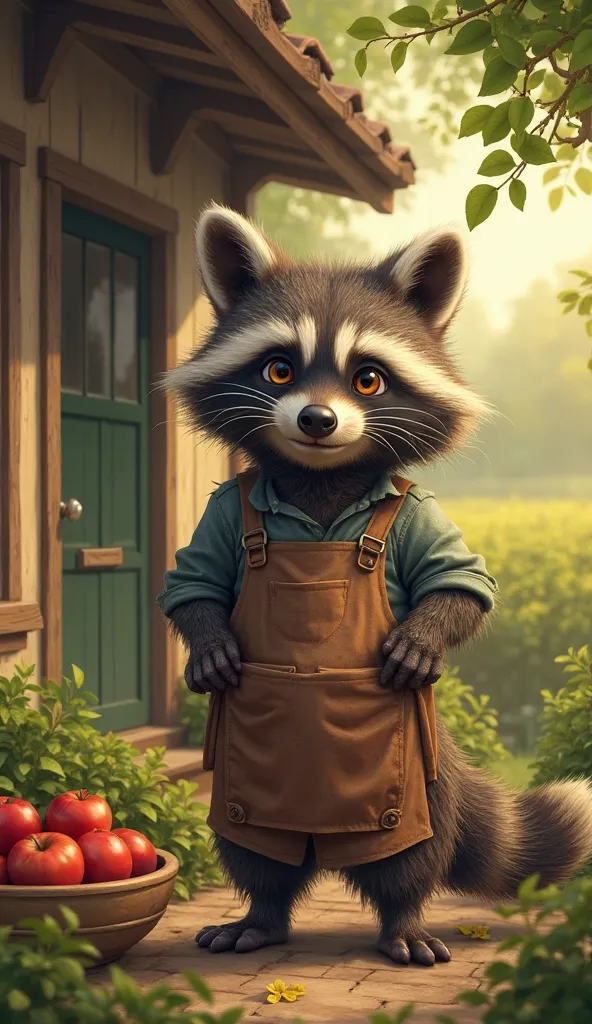 Raccoon farmer in an apron near the porch of a country house. There is a bowl of apples on the porch.  Sunny, greenery all around