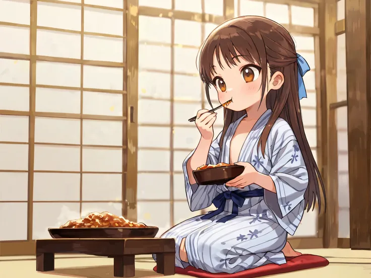 (Top Quality), (Very Aesthetic), (Super Detailed), (Best Illustration), Loli, Solo Female, female , Girl, half updo, Blue Ribbon, Long Hair, Straight Hair, Sideburns, Center Parting, Brown Hair, Brown Eyes, (flat breast), bath yukata, seiza, full body, pre...