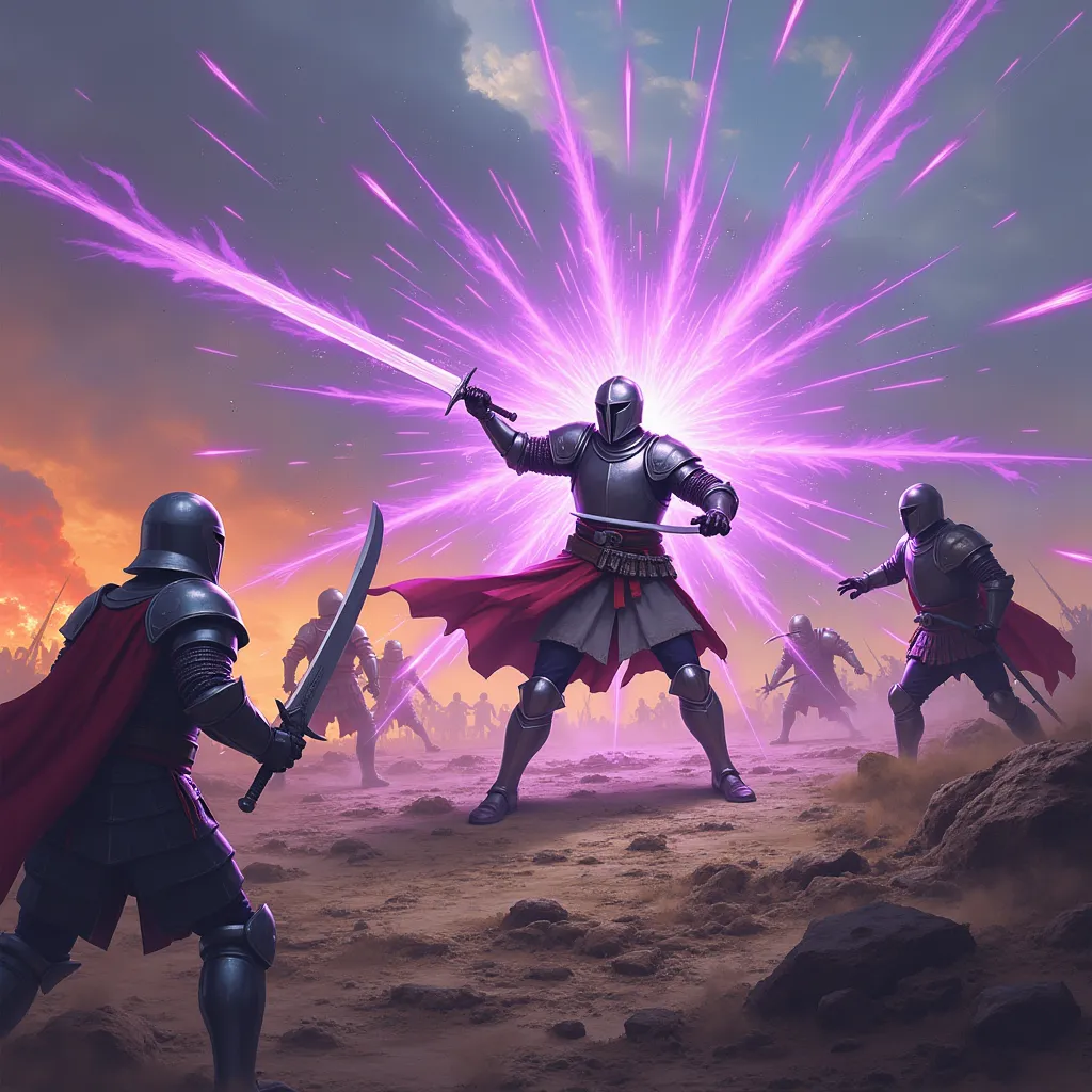 An action and fantasy scene with vibrant colors, , depicting a devastated battlefield, while a swordsman wearing light armor brandishes his sword, unleashing attacks of sharp purple energy that tear the ground apart in irregular patterns..  in the center, ...