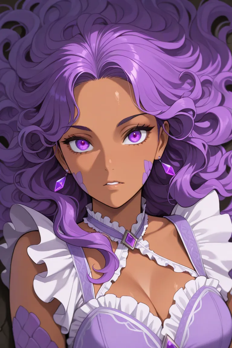 Woman, dragon demi-human, long hair, dark and curly hair, purple highlights on the hair, purple eyes, tan skin, perfect face, scales scattered around the face, perfect body, perfect hair, long and purple earrings, black and frilly dress.