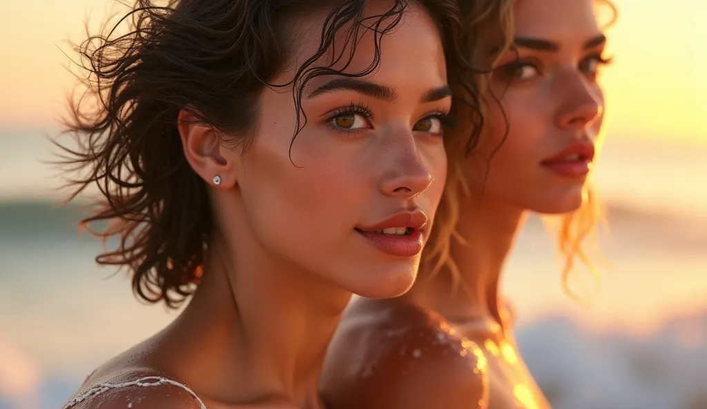 Realistic (photorealistic Realism), (high resolution), ((intricately detailed digital art)), professional photography, A close-up shot of three supermodels surfing during the sunset, (ultra realistic texture details: velvety skin, hair),((sharp focus, no b...