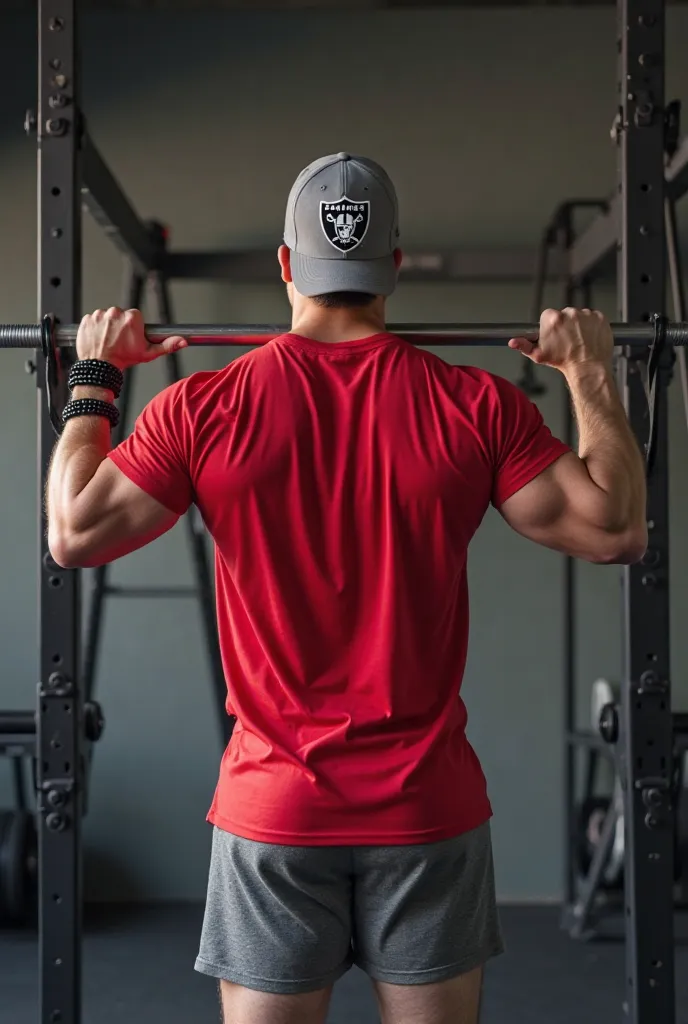 Man in a red t-shirt, shorts grises, Gray Raiders cap with. black beaded bracelets on his right hand, white man height one meter 76 weight 83 kg in front of a pull-ups bar in a gray gym slim body shaved 