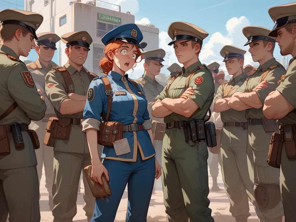 Fallout brotherhood of steel initiate woman in uniform, standing in a formation line at attention. Embarassed and shocked look on her face as she starts to pee, an adult diaper peeking out of the top of her uniform pants. Wet, messy, many soldiers