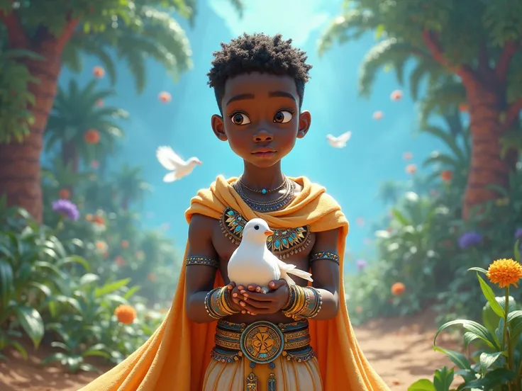 Create a beautiful Disney Pixar-style scene from the Orixás, A black boy, With the white warrior's clothing, With a dove in her hands, But in Pixar's Disney 3D style.