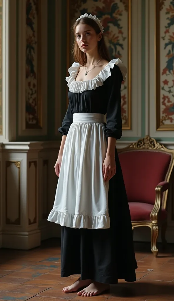 Barefoot maid, (photorealism), black dress and white apron, realistic skin texture, Cinderella,  european