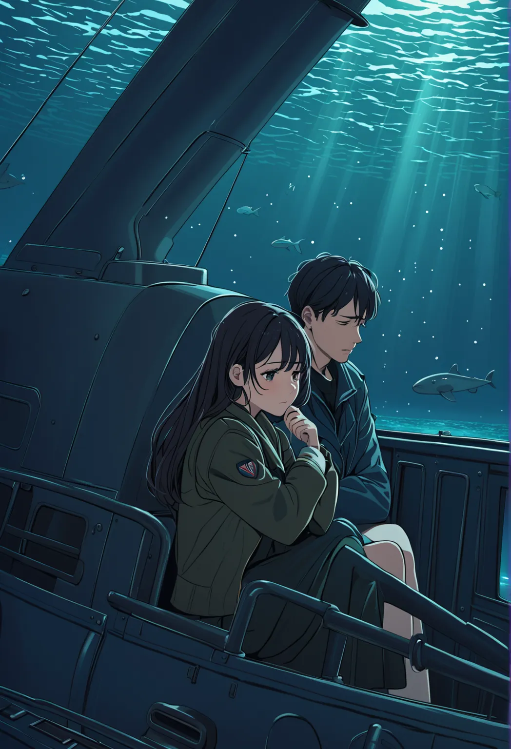  a sad couple in a submarine down in the sea 