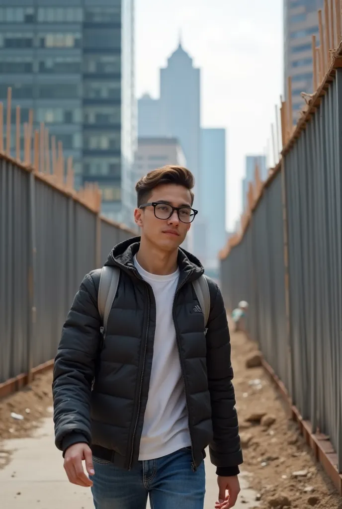 a 2d image of a young man wearing glasses, walking from left to right, in front of a construction site surrounded by metal construction hoarding with a city center backdrop, realistic image as if it were a photo taken from far away