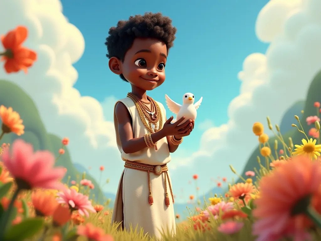 Create a beautiful Disney Pixar-style scene from the Orixás, A black boy, Wearing the all-white warrior's clothing from head to toe, With a dove in her hands, But in Pixar's Disney 3D style.