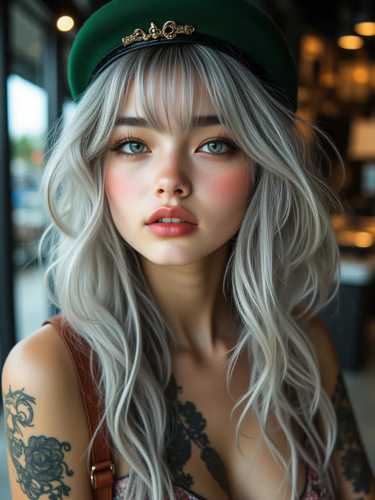 Masterpieces , Top Quality, Featured Features, Long silver hair, Green Pilot Hat, in mobile, glasses is posing for a model, Stylish makeup,  Beautiful Tattoos ,  sensual face color ,  super , Red Brown Strap, Luxury modern glasses shop background
Multi-asp...