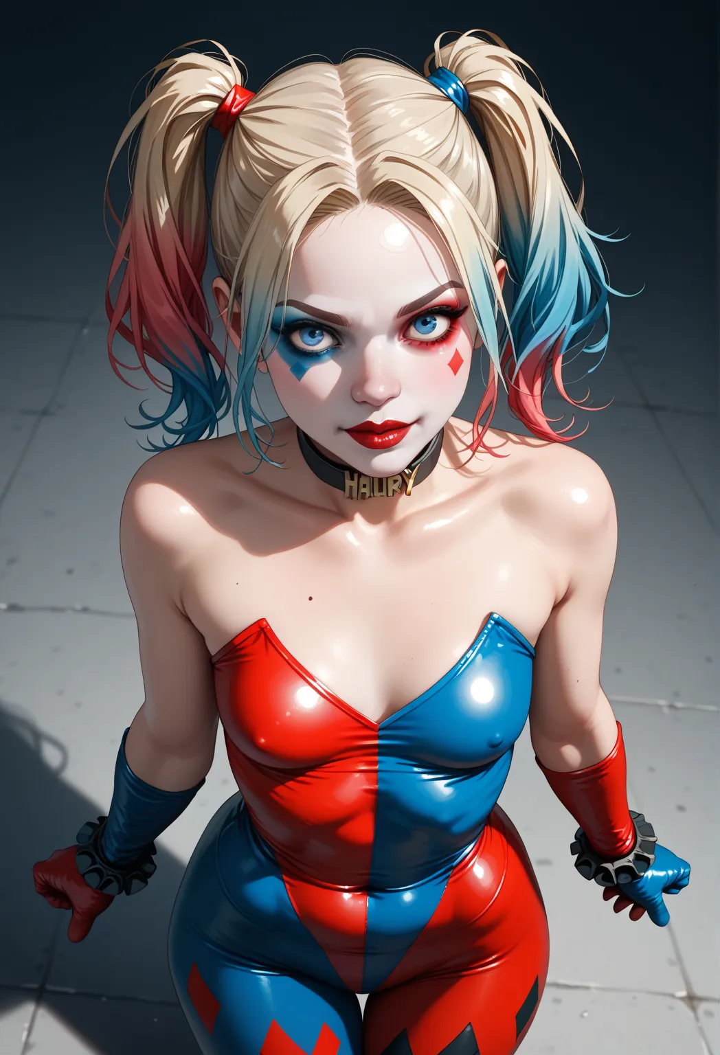 score_9, score_8_above, score_7_above, 1  harley quin,  Alone,  blond hair,   colored hair  ,  double ponytail ,  blue eyes,  fair-skinned woman , >:d,  Small breasts, Plump hips  , curve, Wearing Batman costume, Batman Clothes