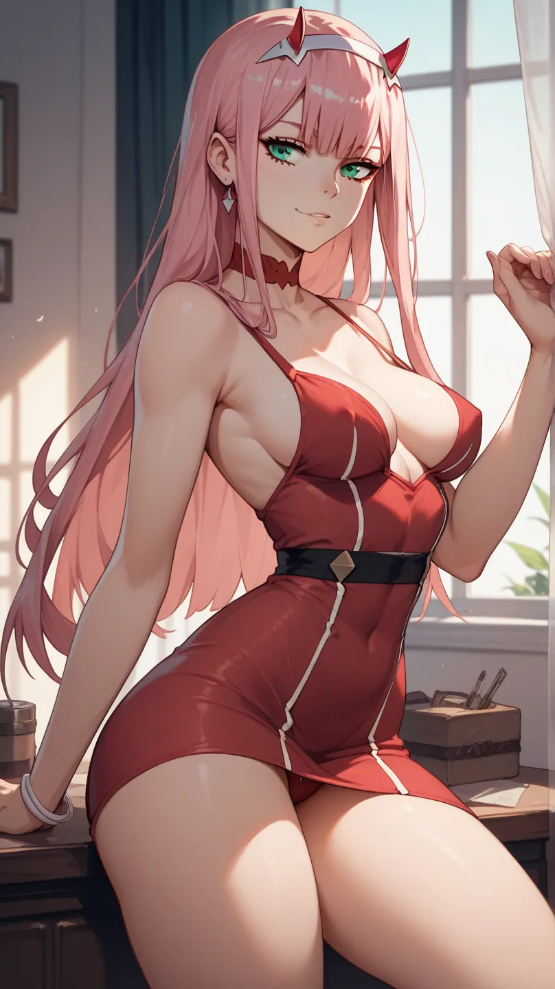  From《 darling in the franxx 》Sexy anime illustration zero two, medium breasts ，   Big Butts,  Sexy anime illustration 02 with thin waist and wide hips ，Sexy anime illustration of a strict nightdress