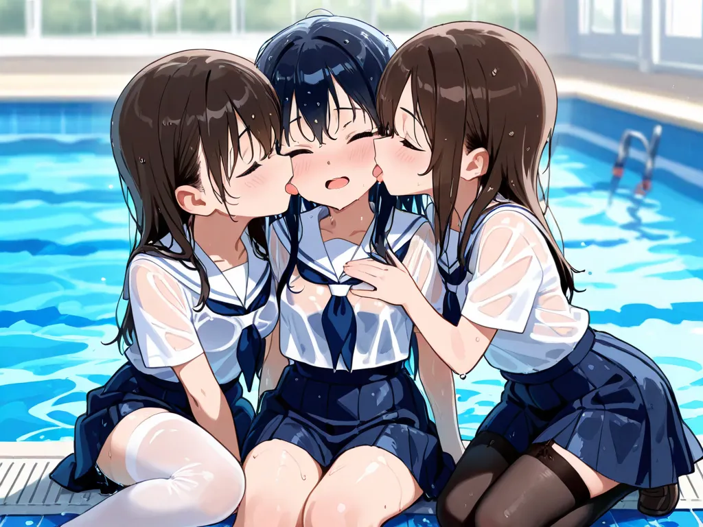  a school swimming pool, school girls, wet school uniform, three girl kissing each other, tongue-in-cheek movement, wet half stockings, wet hair, caress on chest each other