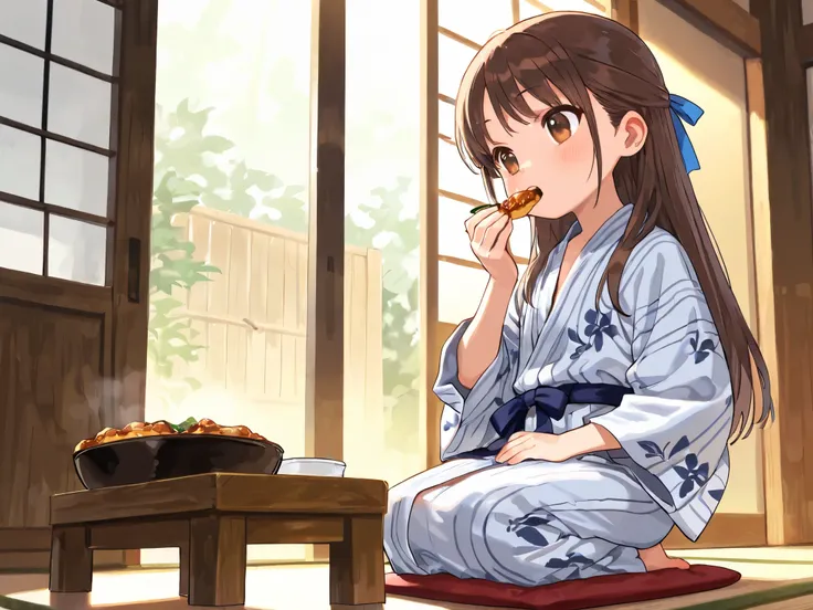 (Top Quality), (Very Aesthetic), (Super Detailed), (Best Illustration), Loli, Solo Female, female , Girl, half updo, Blue Ribbon, Long Hair, Straight Hair, Sideburns, Center Parting, Brown Hair, Brown Eyes, (flat breast), bath yukata, seiza, full body, pre...