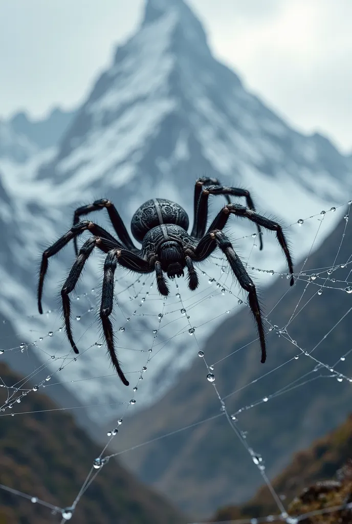 spider on its spiderweb, rainy day, snowmountainsa detailed, photorealistic scene of a large spider sitting on its intricate web, with rain droplets glistening on the strands, in a snowy mountain landscape with towering peaks in the background, 8K, HDR, ul...