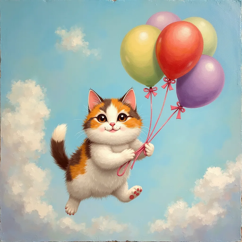 A whimsical oil painting of an adorable fluffy calico cat floating in the sky, holding a bundle of colorful balloons. The cat has soft, fluffy fur with a mix of white, brown, and orange patches, expressive brown eyes, and a tiny, playful smile. The cat's c...