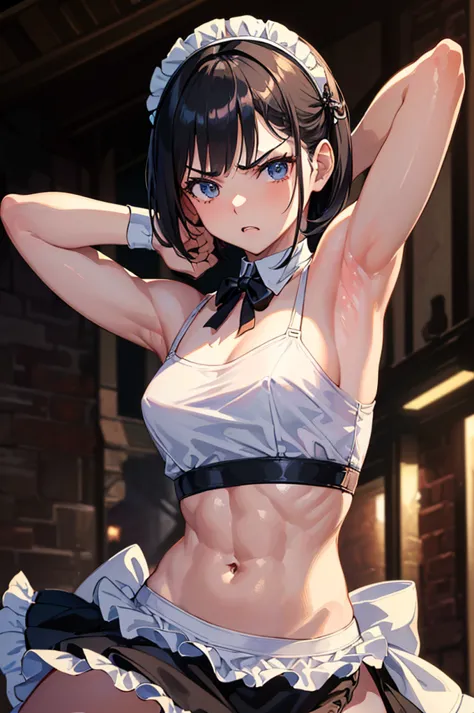 masterpiece, best quality, very detailed body, ultra detailed, ((1girl, 25yo)), (((fighting pose in the night alley, armpit))), ((maid uniform, croptop, maid hairband, hair pin)), ((small breasts)), ((black bob hair)), (angry:1.1), (six pack abs:1.15), (((...