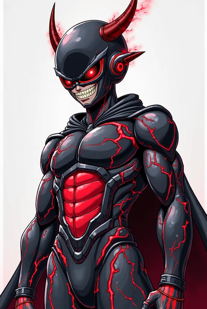 Build: Sleek and humanoid, similar to  Buu’s size but with mechanical plating.
	•	Antennae: Four short, curved antennae sticking out from his head, pulsating with red energy.
	•	Face: Eerie metallic grin, black eyes with glowing red pupils, a face that loo...