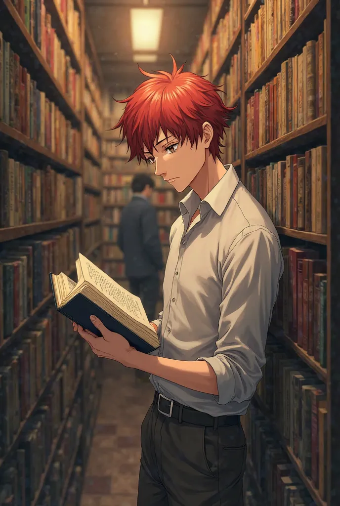 Sasaki Shuumei He is tall and of average build, with red hair and brown eyes from the anime Sasakii to Miyano, reading a book in a store