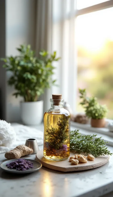 Create a visually attractive and detailed scene that represents the moment of preparing a tincture. The scene must include :
An amber or clear glass bottle (typical for dyes), filled halfway with fresh or dried herbs (such as valerian, ginger or lavender...