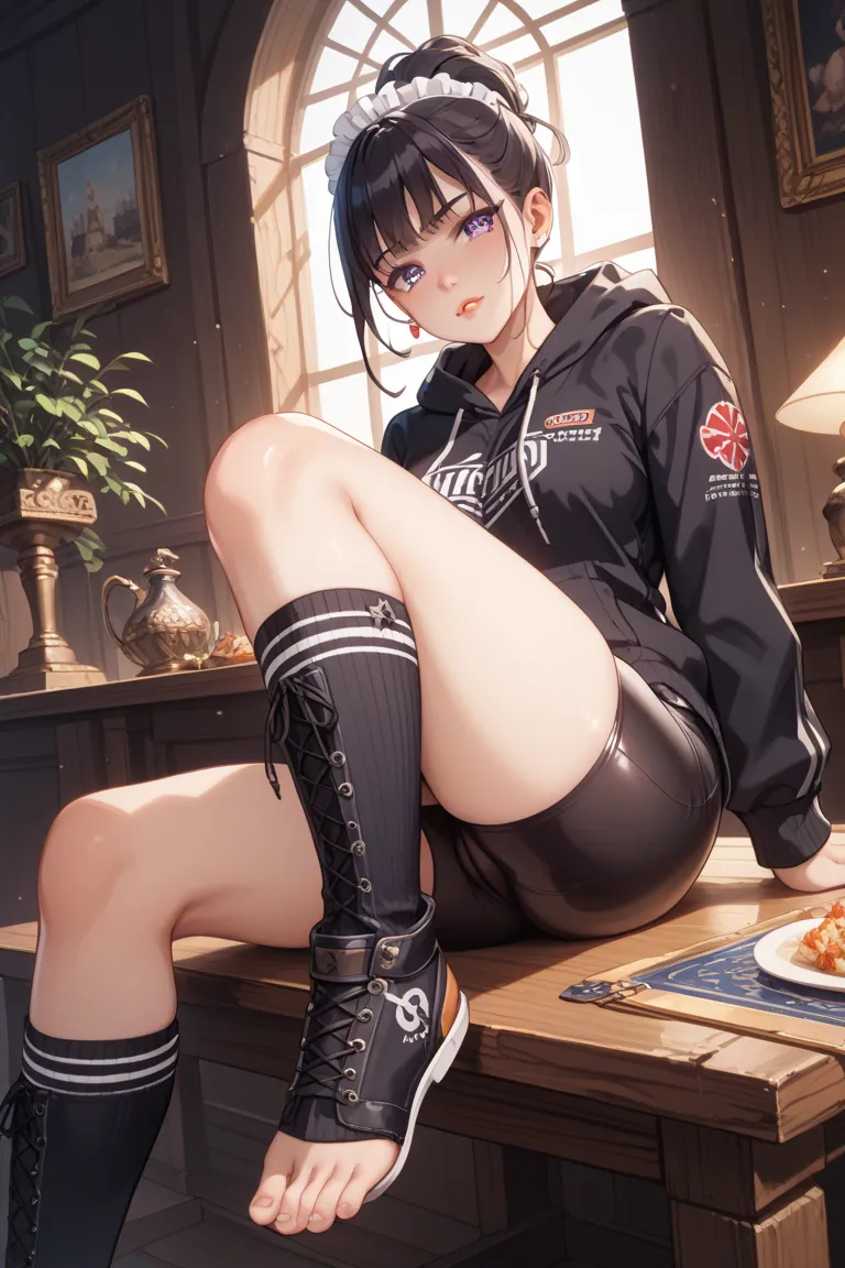 1 girl、Maid、sitting、frill socks、from below、 Ashikiri、is embarrassing、bike shorts、Puffy Lips、toeless legwear、cross lace legwear lying on a table、masterpiece、top quality、uncensored, calm expression and focused gaze
Eyes that make you feel a keen sense of obs...