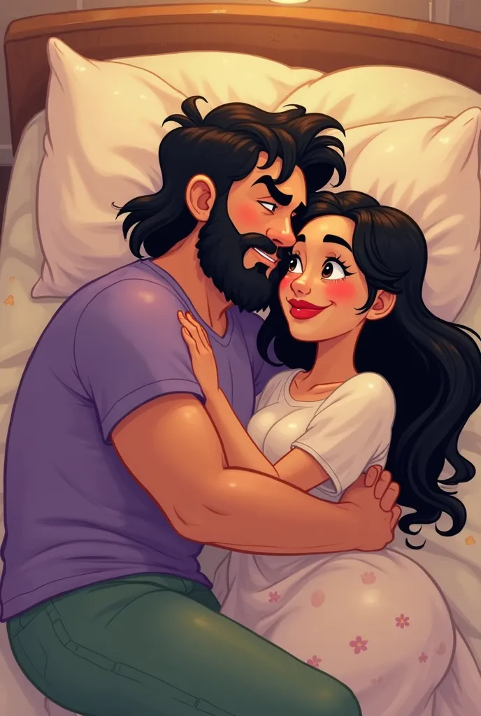 ok, I want a Disney cartoon, of a couple, the boy with black hair wears a hoop, with thick eyebrows, dark brown eyes, beard and mustache as short as shaved, has a wide back and slightly muscular arms, wears a short-sleeved purple t-shirt and green pants, t...