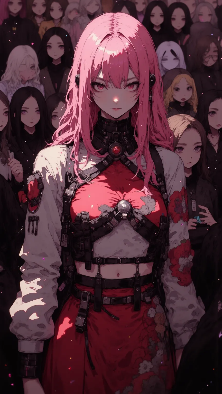 masterpiece、best quality、highres、close up、absurd、 1girl 、crowd、skirt、pink hair、Gasai Yuno、yunouniform、crop top、belly button、revealing clothes、looking at the audience、face red、wallpaper、Yandere,Exquisite and delicate portrait,Young woman with long pink hair...