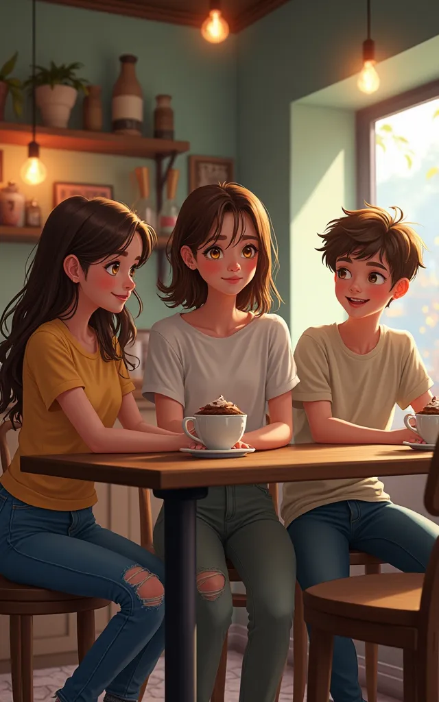 3 young people in a coffee shop the first is an average girl from (1,68cm high ) dark brown hair with honey-colored eyes , One of the other chis is white he measures (1,80 cm) slightly wavy and athletic dark blond hair , The third one is a little lower it ...