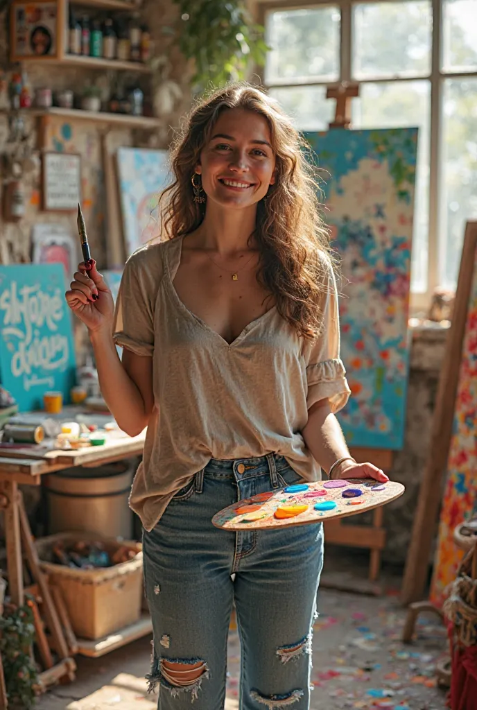 Create an image of a joyful young woman artist standing in her vibrant studio, surrounded by colorful paintings and art supplies. She is holding a paintbrush in one hand and a palette filled with bright colors in the other. Her face is lit up with a smile,...