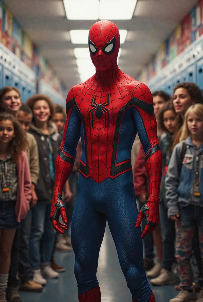 Spider-Man at school with people behind him