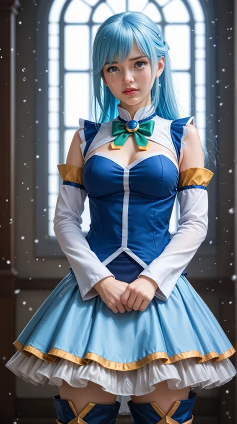 A hyper-realistic depiction of Aqua, the goddess of water from Konosuba, crying dramatically with clenched fists. Her long, flowing sky-blue hair moves slightly, framing her face with realistic strands. Her big, teary blue eyes glisten with visible tears, ...